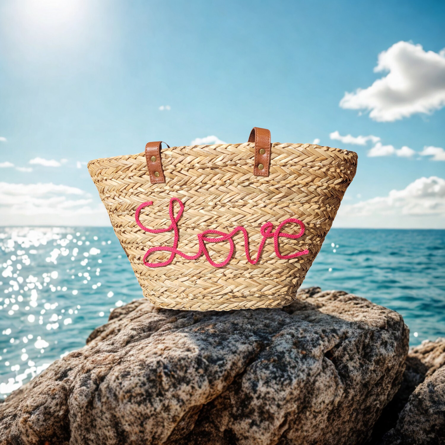 Panier de Plage Love en Jonc Marin avec Fermeture Magnétique