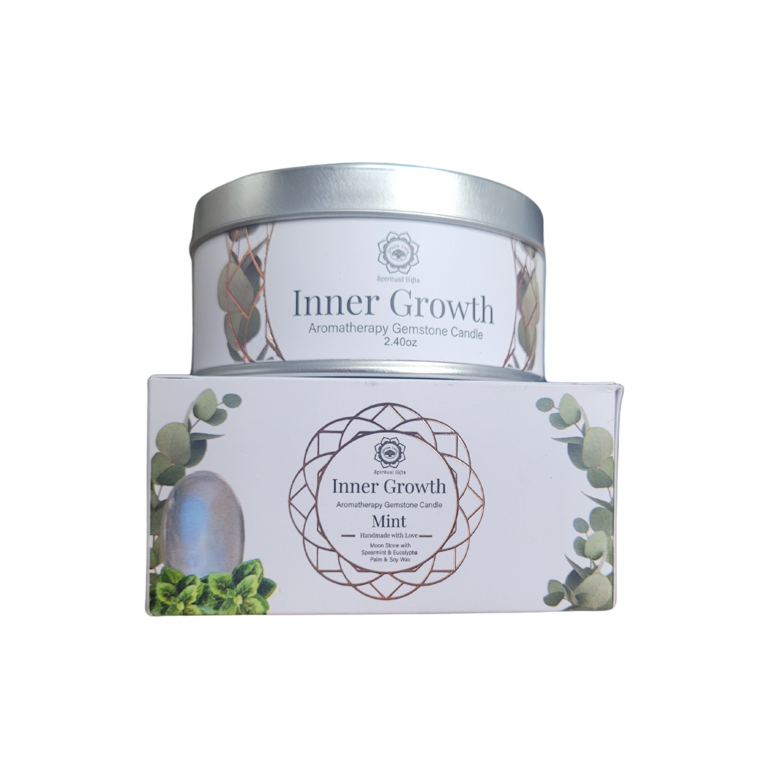 Bougie Green Tree "Croissance intérieure" Pierre de Lune & Menthe 70g