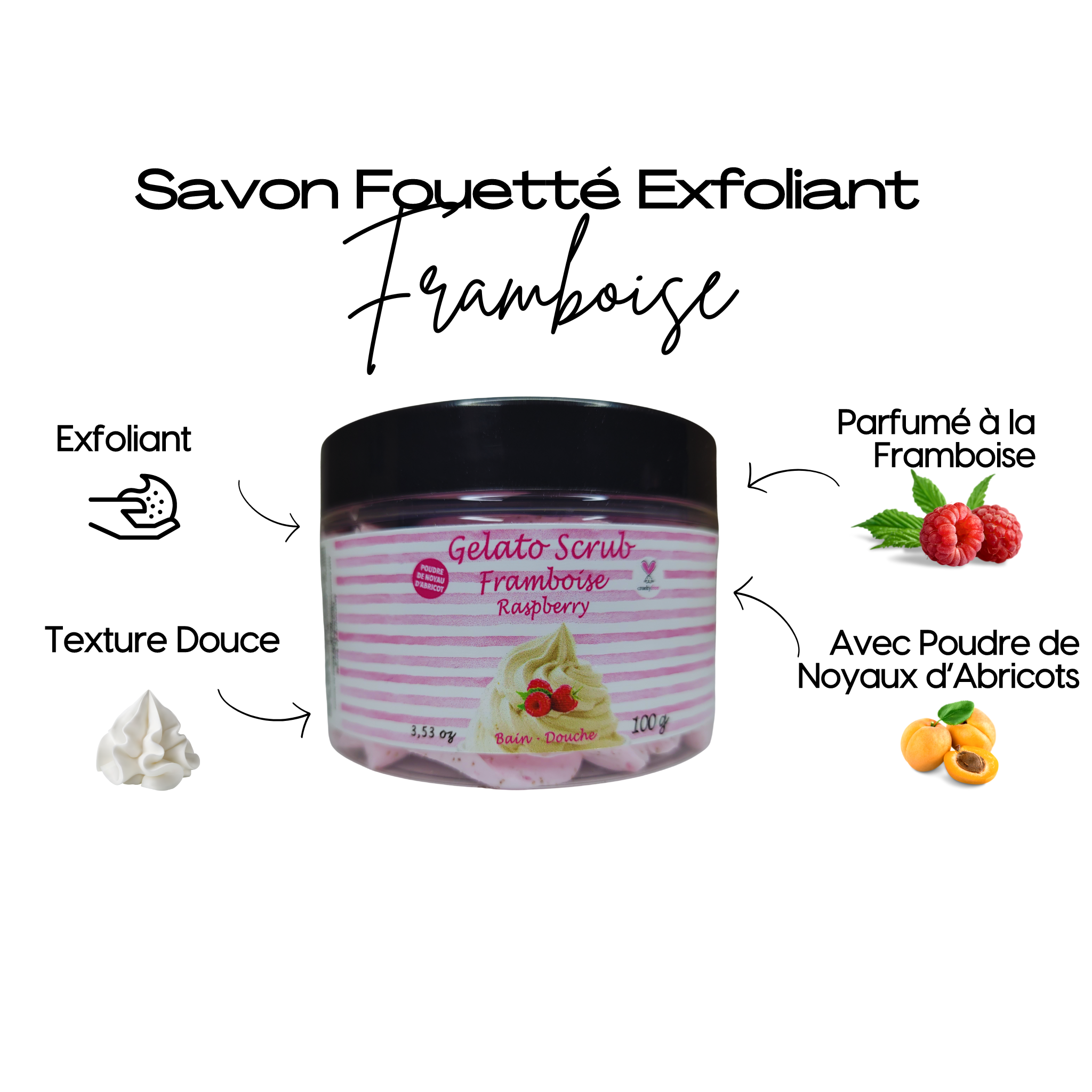 Découvrez notre savon Fouetté exfoliant au parfum sucré de Framboises pour une peau douce et hydratée toute la journée.