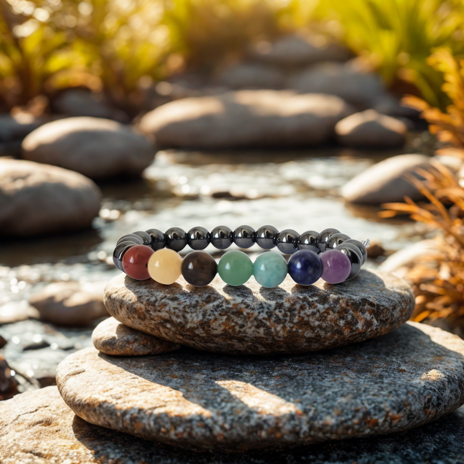 Bracelet Boule 08 mm 7 Chakras + Hématite A