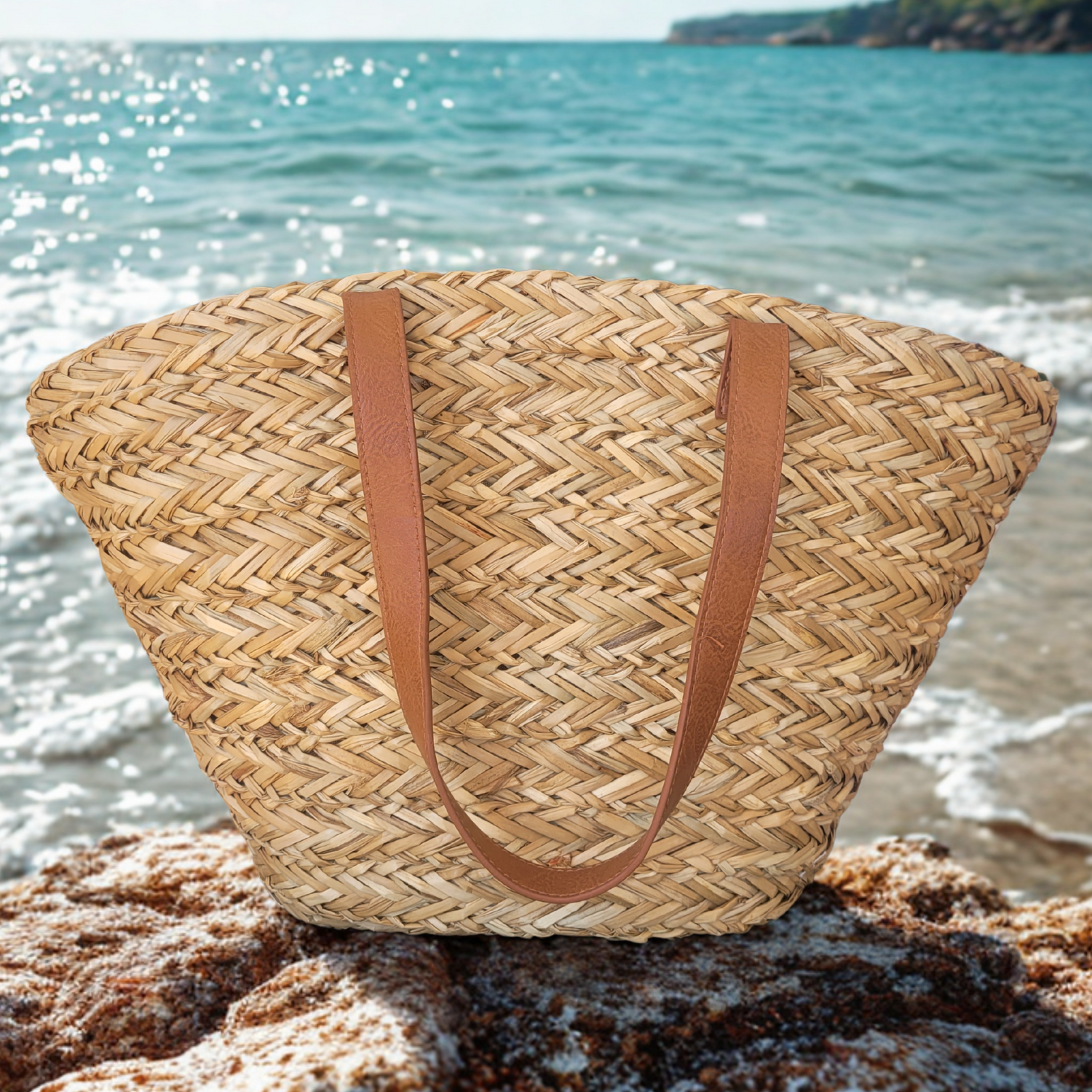 Panier de Plage en Jonc de Mer avec Fermeture Magnétique